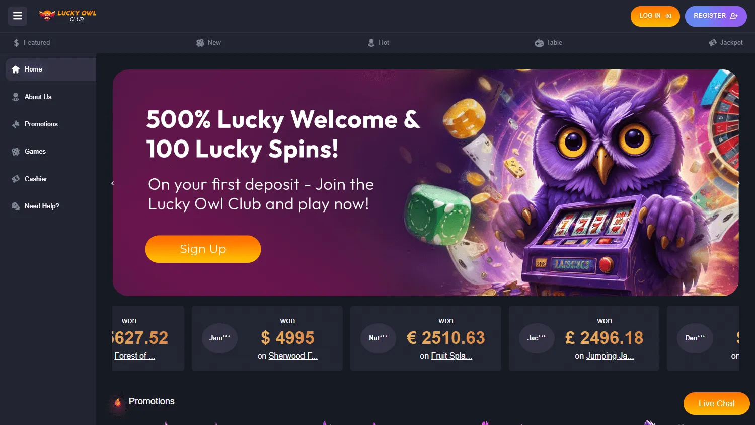 Lucky Owl Club Casino desktop home screen
