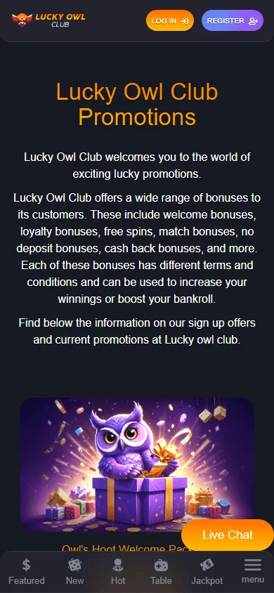 Lucky Owl Club Casino mobile promotions screen
