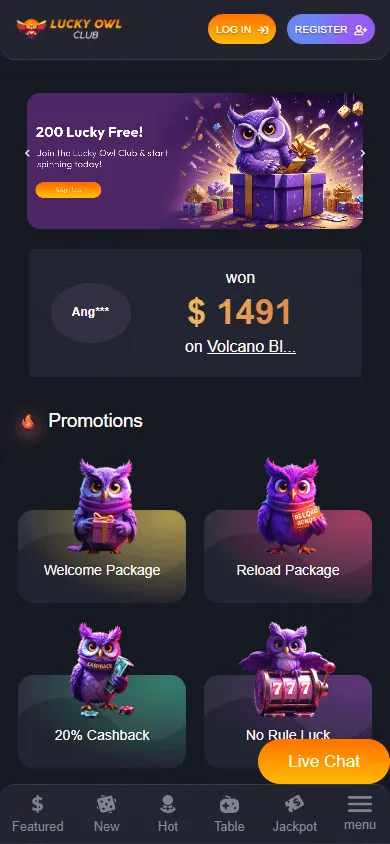 Lucky Owl Club Casino mobile home screen